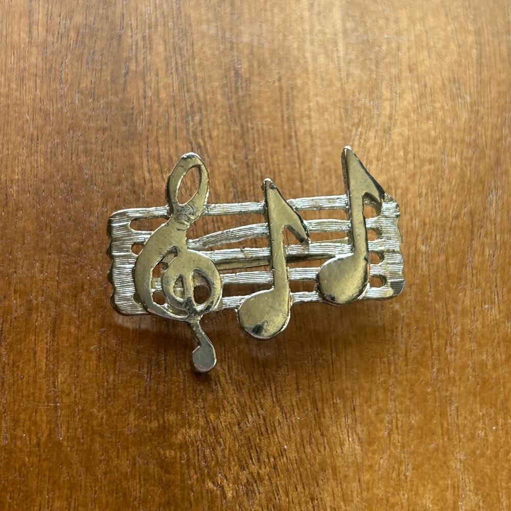 Vintage Silver Tone Music Note Brooch | Treble Clef & Note Staff Pin | Musician